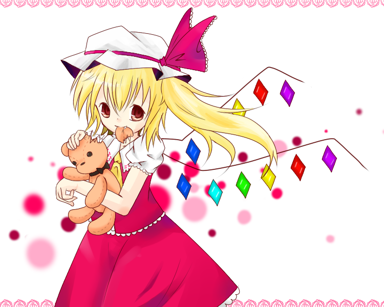 bad_id bad_pixiv_id blonde_hair fang flandre_scarlet hat konagoma one_side_up ponytail red_eyes ribbon short_hair solo stuffed_animal stuffed_toy teddy_bear touhou wings