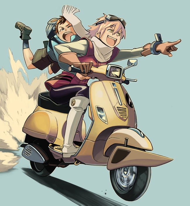 1girl bowieknife flcl goggles goggles_on_head ground_vehicle haruhara_haruko motor_vehicle multiple_riders nandaba_naota open_mouth pointing riding scarf scooter smile vespa wheelie