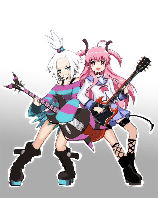 :d ahoge angel_beats! ankle_boots aqua_eyes bangs bare_shoulders bass_guitar blush blush_stickers boots collar combat_boots cross crossover dress electric_guitar fishnet_legwear fishnets flat_chest gradient gradient_background grey_background grin guitar gym_leader hair_bobbles hair_ornament hair_ribbon holding homika_(pokemon) instrument kitamura_eri knee_boots kneehighs leaning long_hair long_sleeves megane_chuu midriff miniskirt multiple_girls music necktie off_shoulder open_mouth outline pink_eyes pink_hair platform_footwear playing_instrument pleated_skirt pokemon pokemon_(game) pokemon_bw2 ribbon school_uniform seiyuu_connection serafuku shinda_sekai_sensen_uniform shirt short_dress short_hair side-by-side sidelocks skirt sleeves_past_wrists smile standing striped striped_dress thigh_strap topknot torn_clothes torn_dress twintails two_side_up very_long_hair white_hair wide_sleeves yui_(angel_beats!)