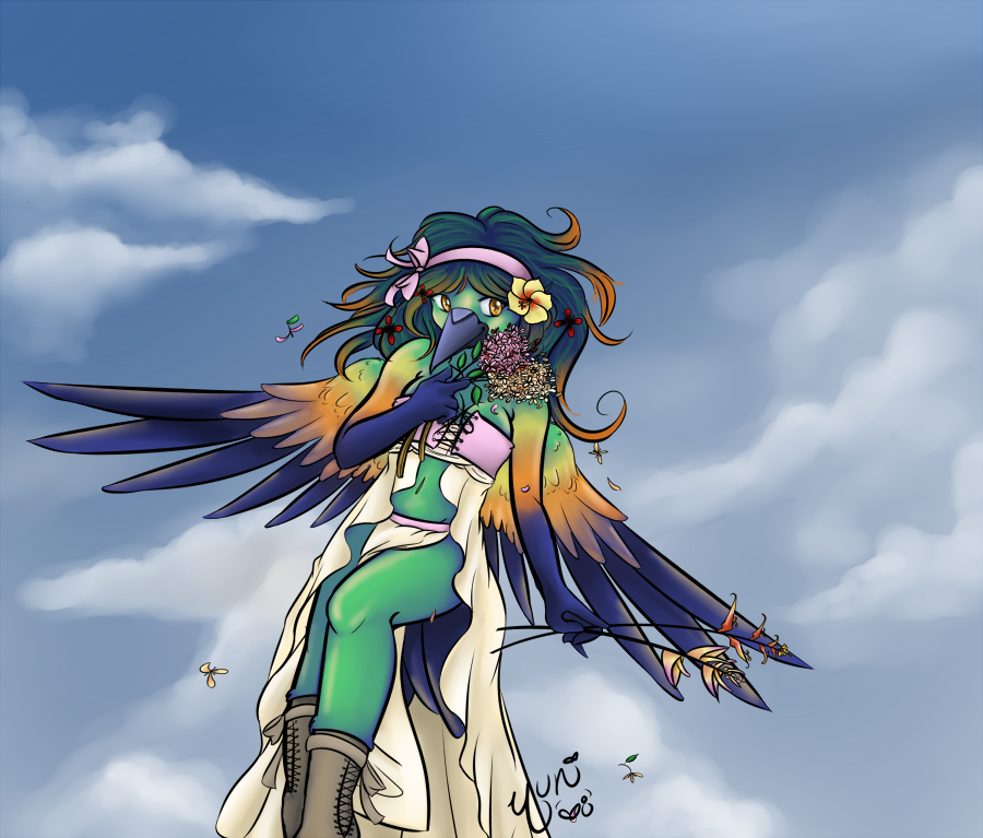 beak breasts cleavage cloud clouds copper-rumped dress feather female flower green_hair hair heliconias hibiscus hummingbird ixora laced_boots lacing leather loincloth long_hair multi-colored_hair multiple_colors petals ribbons sky stem wings yunicon yunicoon