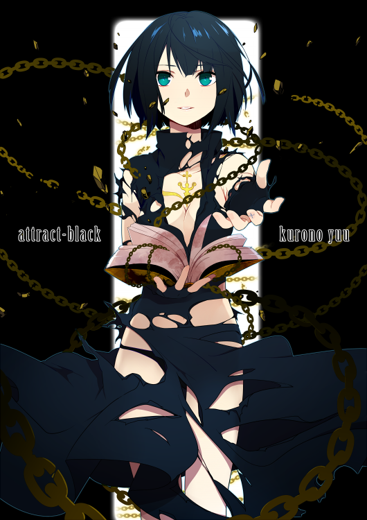 bangs book breasts chain cleavage english fingerless_gloves gloves kurono_yuu medium_breasts original outstretched_hand solo torn_clothes