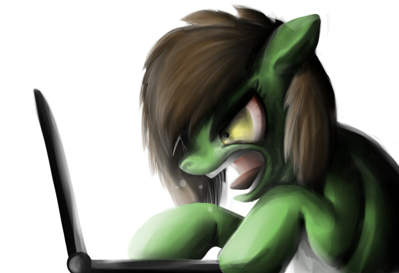 amber_eyes angry brown_hair computer equine hair horse laptop male mammal my_little_pony original_character plain_background pony saliva simple_background solo tongue twodeepony white_background