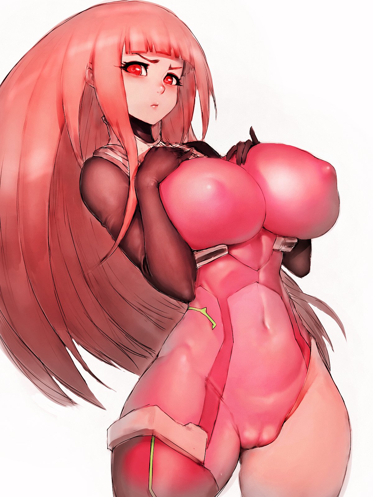 1girl bangs blunt_bangs blush bodysuit breasts cameltoe closed_mouth commentary_request covered_navel cowboy_shot erect_nipples fumio_(rsqkr) highres huge_breasts impossible_bodysuit impossible_clothes ken_marinaris lips long_hair looking_at_viewer pilot_suit pink_bodysuit pink_hair red_eyes shiny shiny_hair simple_background skin_tight solo standing thighs very_long_hair white_background zone_of_the_enders zone_of_the_enders_2