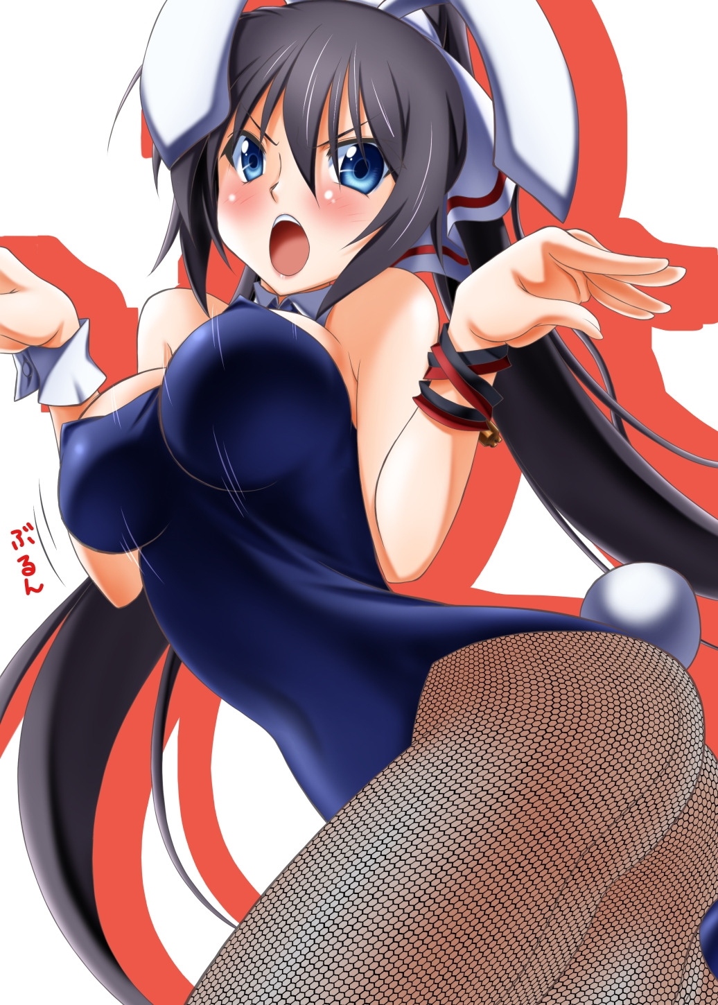 :o animal_ears ass black_hair blue_eyes blush bouncing_breasts breasts bunny_ears bunny_tail bunnysuit detached_collar fishnet_pantyhose fishnets highres infinite_stratos large_breasts leotard long_hair open_mouth pantyhose shinonono_houki solo sumeragi_tomo tail v-shaped_eyebrows wrist_cuffs