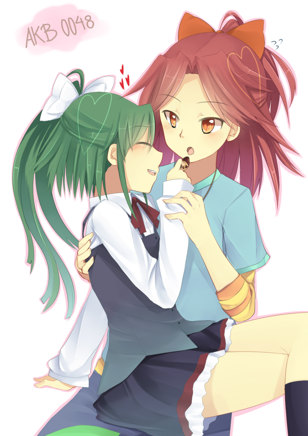 akb0048 blush bow brown_eyes chocolate closed_eyes feeding green_hair hair_bow hand_on_back highres hinagi_(fox_priest) long_hair multiple_girls open_mouth ponytail red_hair shinonome_kanata short_hair sitting sitting_on_person skirt smile takahashi_minami_(akb0048) vest yuri