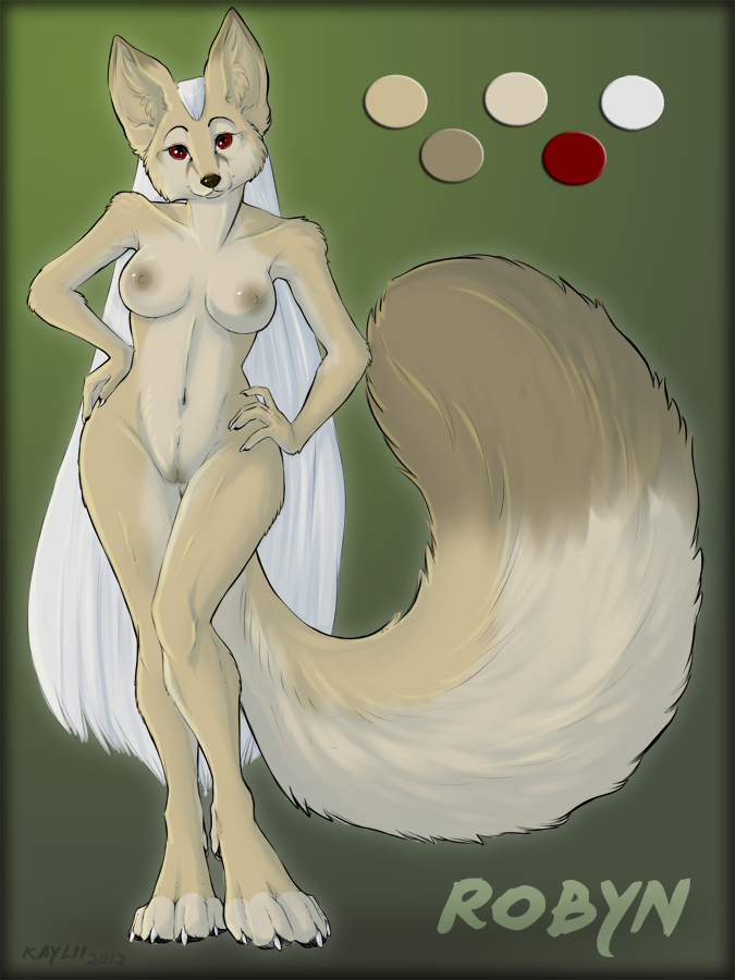 anthro big_tail border breasts brown_labia brown_nipples canine color_swatch dipstick_tail female fennec fluffy_tail fox fur green_background hair hands_on_hips kaylii long_hair looking_at_viewer mammal model_sheet nipples nude plain_background pose pussy red_eyes robyn robyn_(kaylii) solo standing tan_fur white_claws white_hair