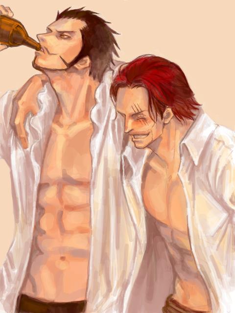 2boys abs amputee animal_eyes arisue_kanako black_hair bottle dracule_mihawk drinking facial_hair leaning male male_focus male_only multiple_boys muscle mustache one_piece open_clothes open_shirt red_hair scar shanks shichibukai shirt simple_background smile white_background white_shirt yellow_eyes