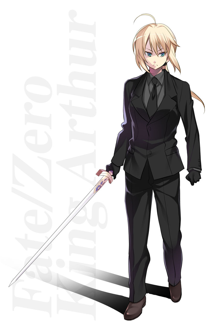 ahoge artoria_pendragon_(all) azu black_gloves blonde_hair excalibur fate/zero fate_(series) formal gloves green_eyes highres long_hair pant_suit ponytail reverse_trap saber solo suit