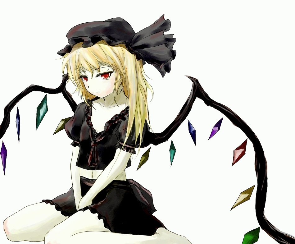 alternate_color bad_id bad_pixiv_id blonde_hair crystal flandre_scarlet hat hat_ribbon pale_skin puffy_sleeves red_eyes ribbon shiina_shian short_sleeves solo touhou white_background wings