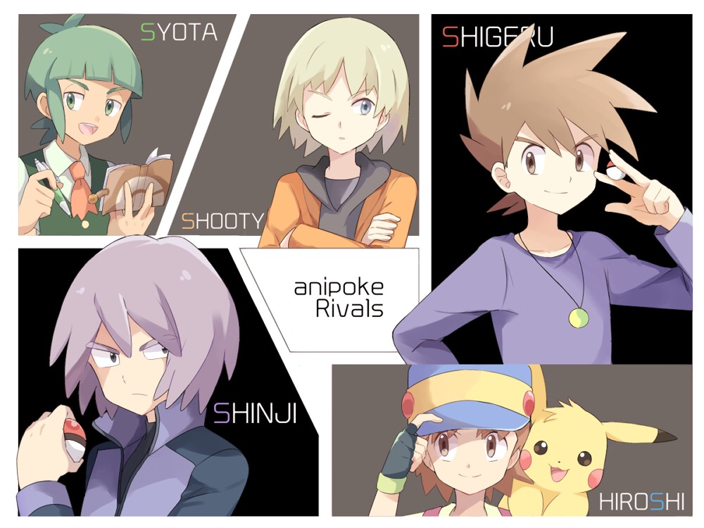:3 adjusting_headwear bangs black_eyes black_shirt blonde_hair blue_hat blue_shirt blunt_bangs blush_stickers book border brown_eyes brown_hair character_name closed_mouth collarbone creatures_(company) crossed_arms english_text eyebrows_visible_through_hair fingerless_gloves game_freak gen_1_pokemon gloves green_eyes green_gloves green_shirt green_vest grey_eyes hair_between_eyes half-closed_eyes hand_up hands_up happy hat hiroshi_(pokemon) holding holding_poke_ball hood hoodie jacket jewelry jpeg_artifacts leon_(pokemon) long_sleeves looking_to_the_side male_focus matching_hair/eyes mei_(maysroom) multiple_boys necklace necktie nintendo one_eye_closed open_book open_mouth orange_sweater pen pikachu poke_ball poke_ball_(generic) poke_ball_symbol poke_ball_theme pokemon pokemon_(anime) pokemon_(classic_anime) pokemon_(creature) pokemon_bw_(anime) pokemon_dp_(anime) pokemon_m20 pokemon_on_shoulder purple_hair purple_jacket red_neckwear romaji shinji_(pokemon) shirt shooty_(pokemon) short_hair smile souji_(pokemon) sweater teeth text_focus upper_body vest w white_border