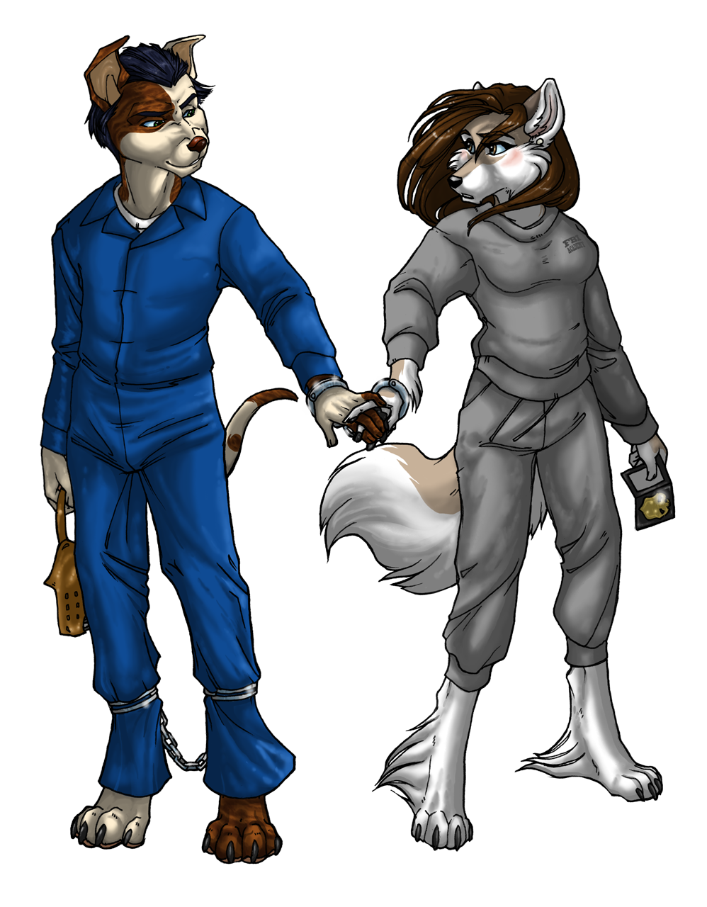 blush brown_eyes canine couple dog duo female hair handcuffs long_hair male mammal prisoner shackles surprise translucent wielder wolf