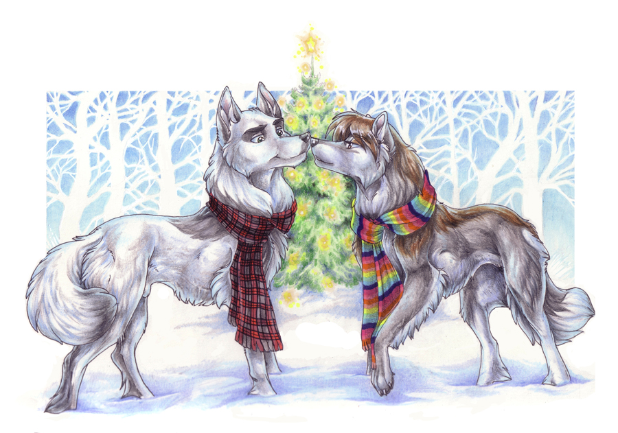 canine chibi couple female feral forest male mammal pie scarf snow tree wielder wolf wood
