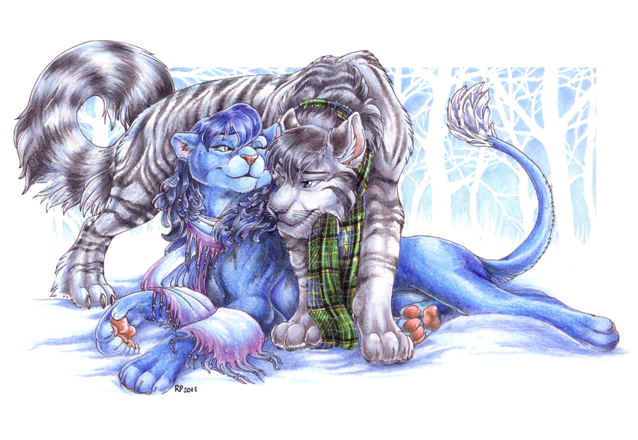 blue blue_fur couple embrace emira feline feral fur lying mammal panther pawpads plain_background scarf smile standing starcrimmus tiger tree white_background wielder wood