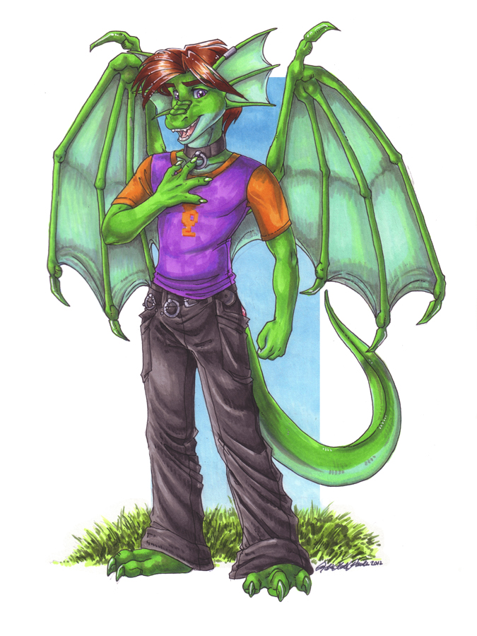 anthro brown_hair caltstar clothing collar dragon green green_body hair male open_mouth shirt solo standing wielder wings