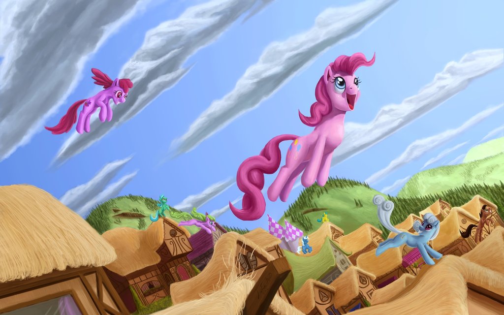 berry_punch_(mlp) blue_eyes blue_hair building cloud clouds cutie_mark detailed_background equine female feral forest friendship_is_magic green_hair grey_hair hair horn horse jumping lyra_(mlp) lyra_heartstrings_(mlp) mammal my_little_pony open_mouth pink_eyes pink_hair pinkie_pie_(mlp) pony ponyville rooftop tree tsitra360 unicorn white_hair wood