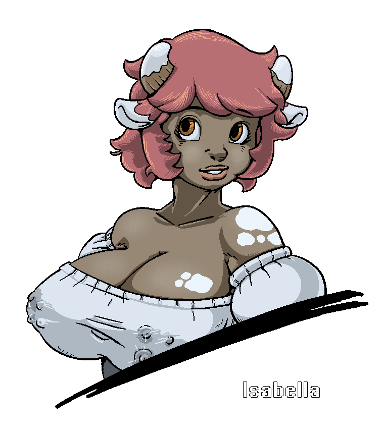 alpha_channel anthro big_breasts bovine breasts brown_eyes cattle corruption_of_champions cow english_text female hair horn isabella_(coc) isabella_(corruption_of_champions) looking_at_viewer mammal multi_nipple nipples red_hair solo spn text