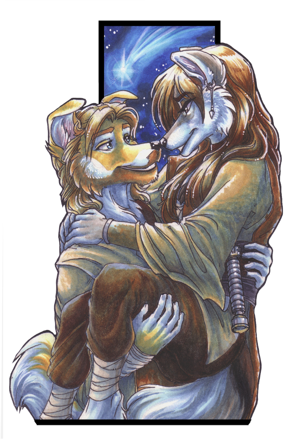 anthro bookmark canine dog duo embrace female lightsaber male mammal plain_background robe smile star_wars weapon white_background wielder