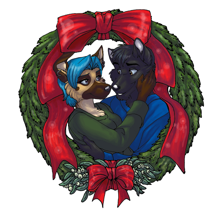 advent_wreath anthro blue_hair bow canine couple dog duo ear_piercing embrace eye_contact female hair male mammal piercing plain_background smile white_background wielder wolf