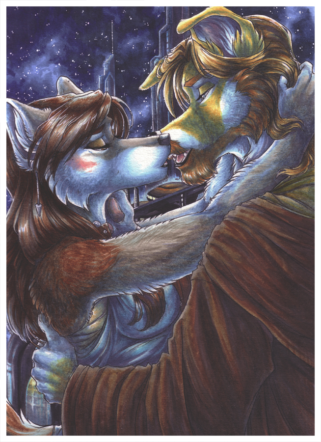 anthro blush canine couple dog duo embrace female hair kissing long_hair long_hait male mammal robe sci-fi star_wars wielder