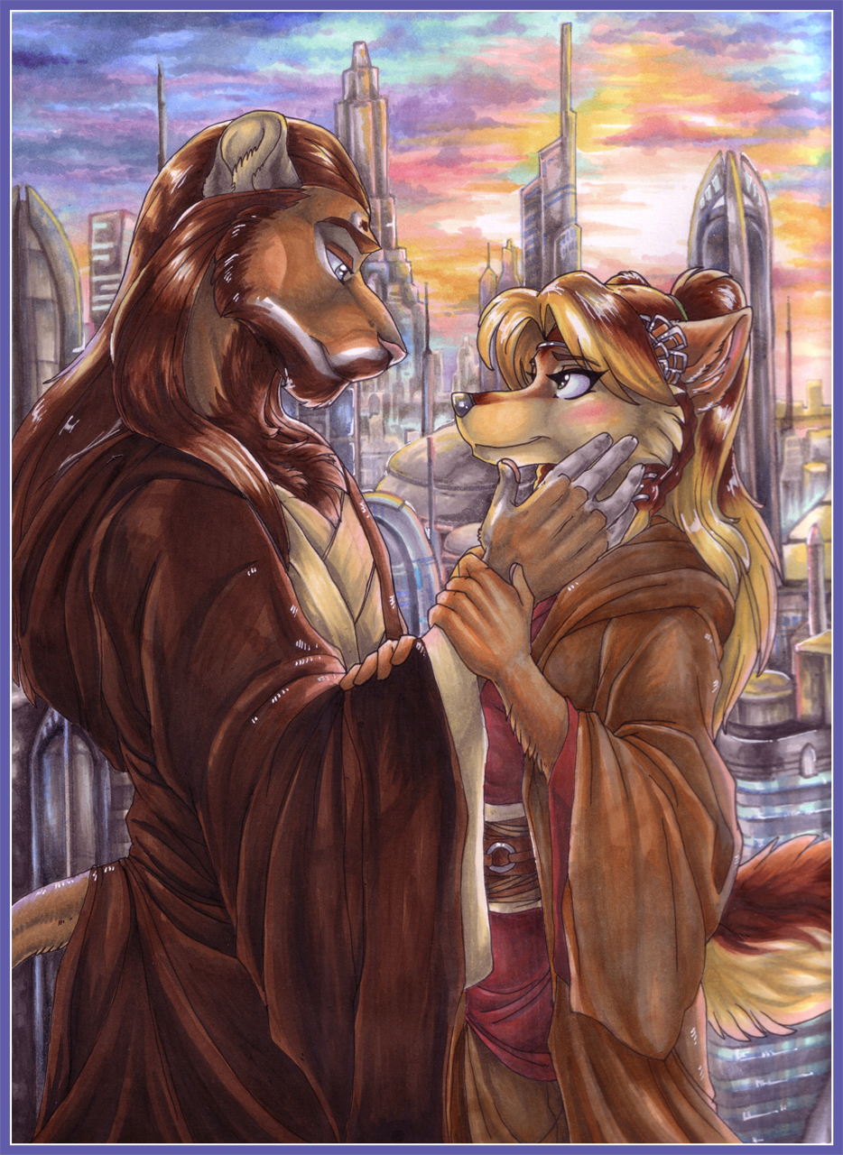 anthro blush canine city cityscape couple duo eye_contact feline female hair lion long_hair male mammal outside robe smile star_wars wielder wolf