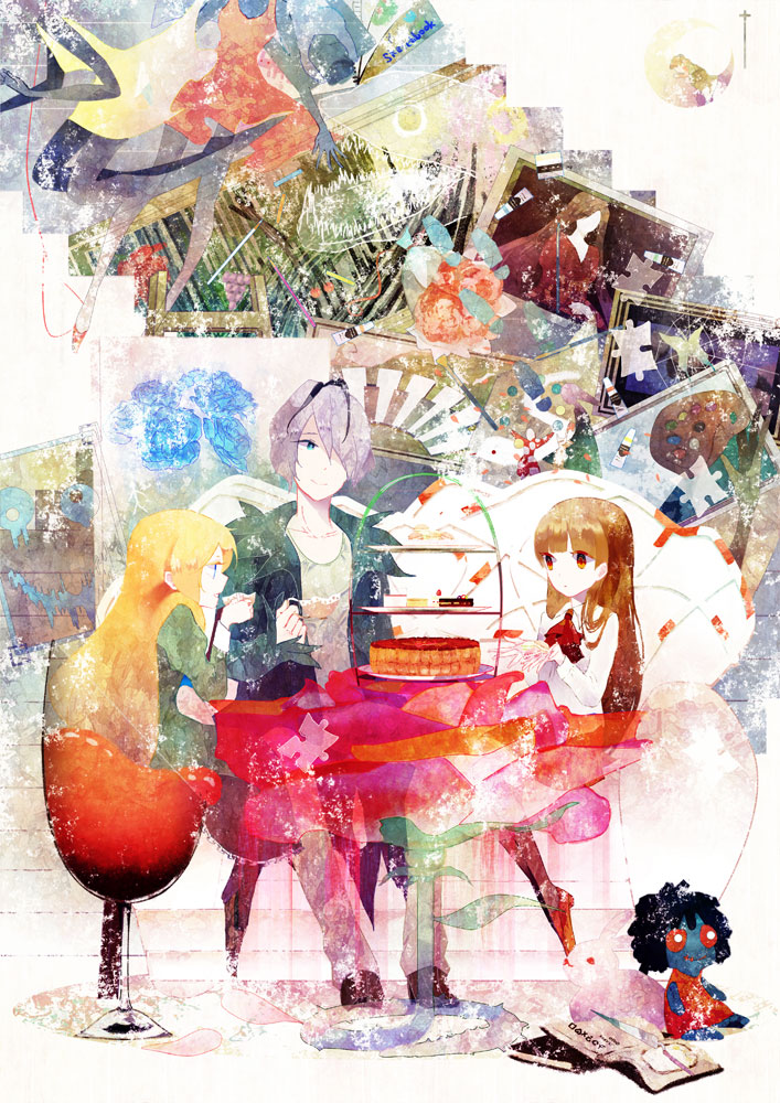 2girls blonde_hair blue_eyes blue_flower blue_rose book brown_hair cake coat cup doll doll_(ib) dress flower food garry_(ib) hair_over_one_eye ib ib_(ib) lady_in_red_(ib) long_hair madoros mannequin mary_(ib) multiple_girls painting_(object) palette_knife pleated_skirt purple_hair puzzle_piece red_eyes rose sitting skirt smile teacup tiered_tray