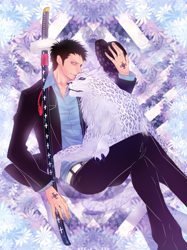 1boy animal belt black_hair black_pants blue_shirt earrings hat hat_off hat_removed headwear_removed jacket jewelry leopard looking_at_viewer male male_focus nodachi one_piece open_clothes open_jacket pants red_string sheath sheathed sheathed_sword shirt sitting solo string sword tattoo trafalgar_law weapon