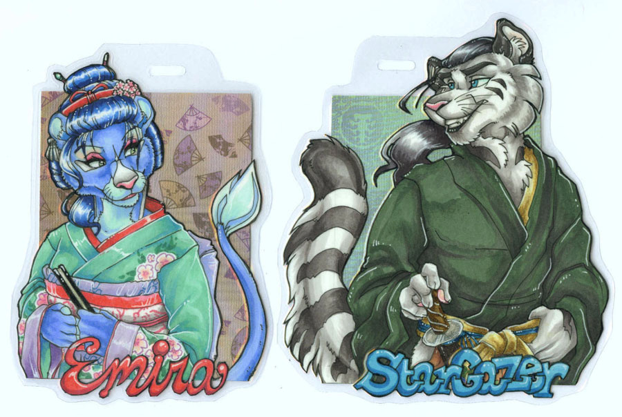 badge blue blue_fur couple emira fan feline female fur katana lion male mammal melee_weapon plain_background scan smile stargazer sword tiger weapon white_background white_tiger wielder wielder_badge