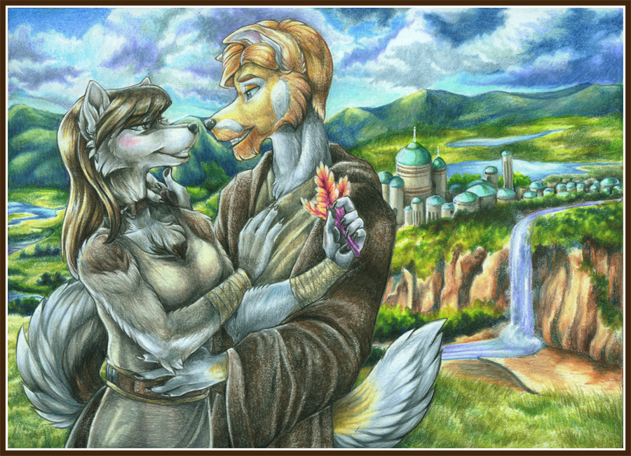 anthro blush canine collar dog duo ear_piercing embrace female landscape male mammal obi-wan_kenobi piercing robe sky smile star_wars water waterfall wielder wolf