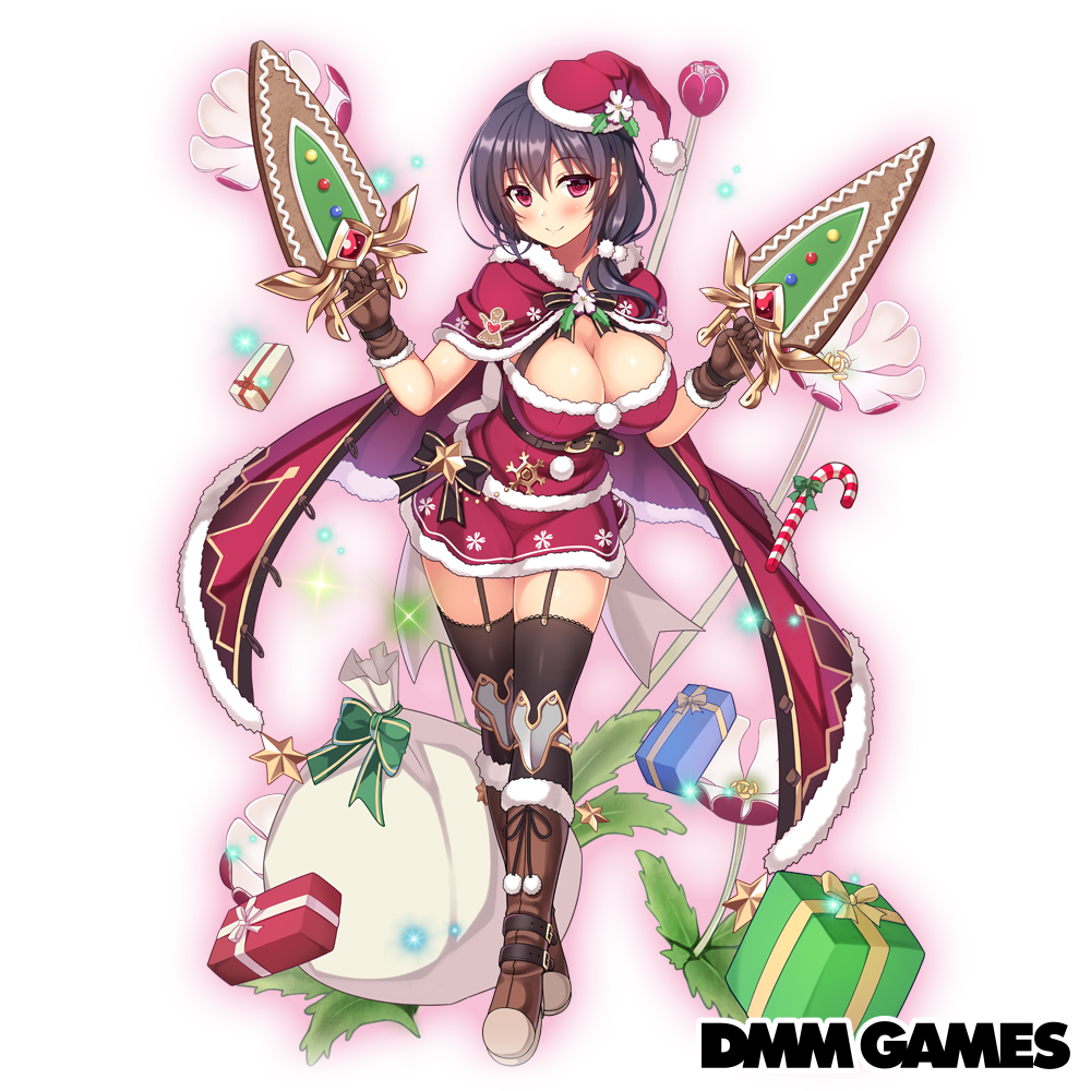 1girl back_bow black_bow black_hair black_legwear blush boots bow breasts brown_footwear candy candy_cane cape christmas cleavage closed_mouth dagger dual_wielding flower flower_knight_girl food full_body fur_trim gift hat holding holding_weapon jamadhar knee_boots large_breasts looking_at_viewer night_phlox_(flower_knight_girl) object_namesake official_art red_cape red_eyes red_hat red_skirt santa_costume santa_hat short_hair skirt smile solo sparkle standing thigh_strap thighhighs utsurogi_akira weapon white_bow zettai_ryouiki