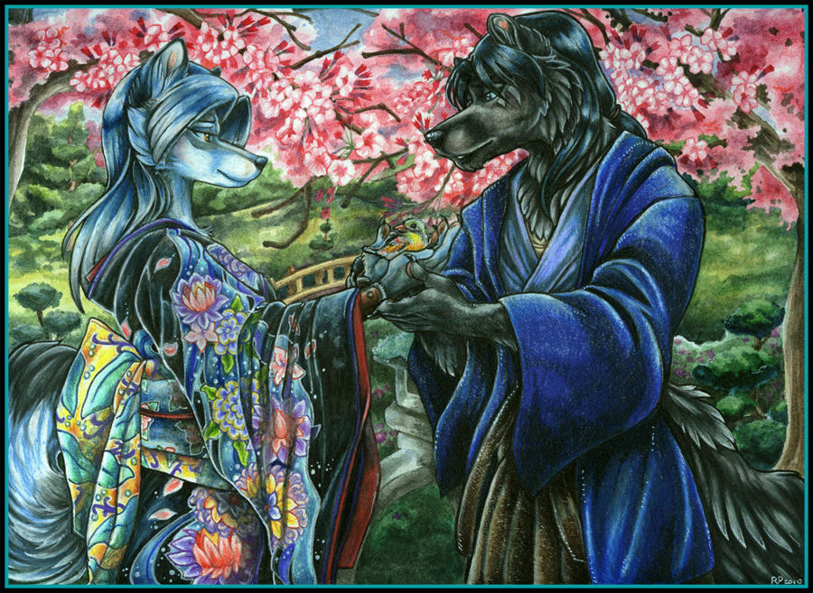 asian avian bird black black_fur black_hair blue_hair canine couple female fur gift hair male mammal outside sakura water wielder wolf