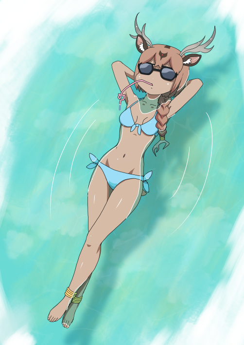 1girl afloat animal_ears anklet antlers arms_behind_head arms_up axis_deer_(kemono_friends) bare_arms bare_legs barefoot bikini blue_bikini blue_swimsuit braid brown_hair collarbone commentary_request dangorou_(yushi-art) dark_skin day deer_ears deer_tail drinking drinking_straw from_above full_body japari_symbol jewelry kemono_friends legs_crossed long_hair navel outdoors side-tie_bikini side-tie_bottom single_braid solo stomach sunglasses swimsuit tail toes water