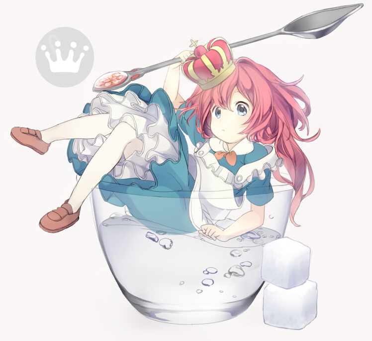 air_bubble bad_id bad_pixiv_id bangs blue_dress blue_eyes blush brown_footwear bubble closed_mouth cross crown cup danchi_(pomechize) dress drink frown full_body glass holding holding_spoon in_container in_cup loafers long_hair messy_hair minigirl original oversized_object pantyhose pink_hair shoes short_sleeves simple_background solo spoon strap_slip sugar_cube teaspoon water white_background white_legwear
