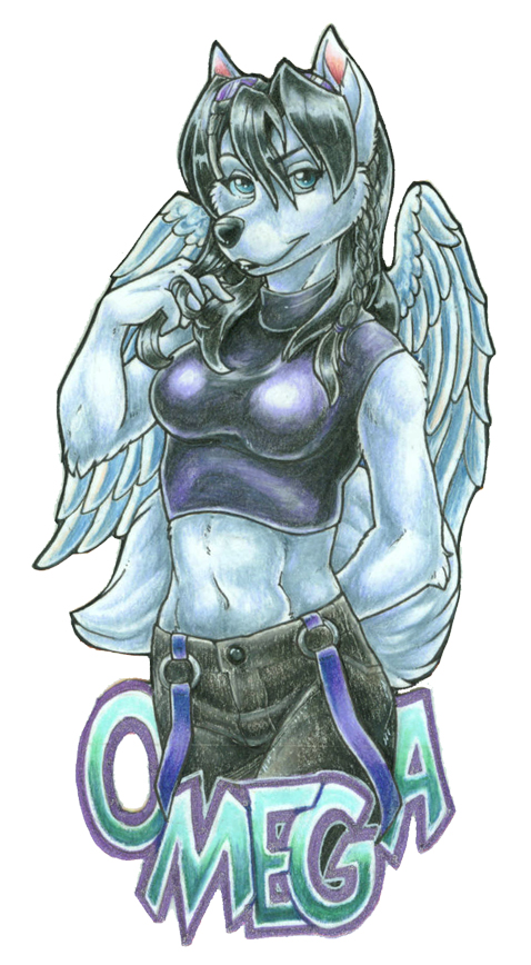 badge blue_eyes canine collar female mammal omega pigtails plain_background smile solo white_background wielder wings wolf