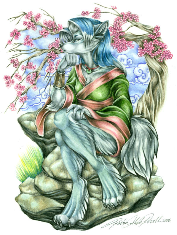 blue blue_fur canine ear_piercing fur hair long_hair male mammal necklace pensive piercing rock sakura sitting solo wielder wolf