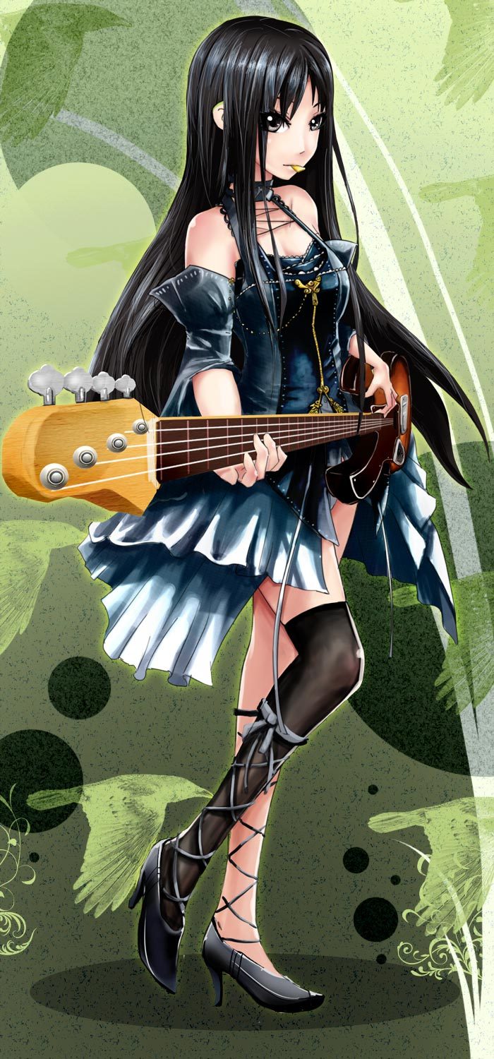 akiyama_mio asymmetrical_clothes bass_guitar beancurd black_eyes black_hair cross-laced_footwear dress highres hime_cut instrument k-on! long_hair looking_at_viewer mouth_hold plectrum single_thighhigh solo thighhighs