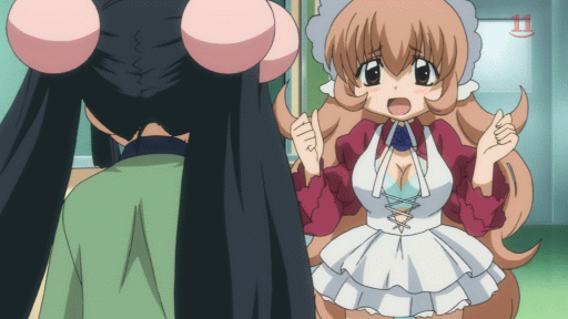 animated animated_gif blush bra breasts cleavage cosplay costume_switch dress frills hair_bobbles hair_down hair_ornament kagami_kuro kodomo_no_jikan large_breasts lingerie maid multiple_girls screencap twintails undersized_clothes underwear usa_mimi