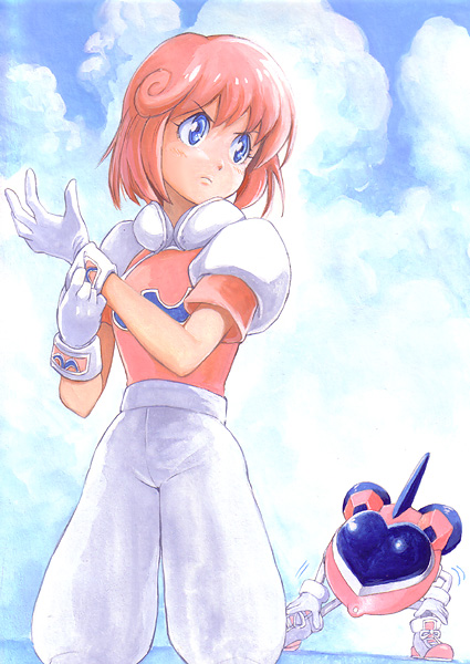 80s :o angry baggy_pants bangs blue_eyes blush breasts cloud curly_hair day dressing frown gloves heart high_collar hirokazu looking_afar motion_lines oldschool open_mouth outdoors pants pastel_(twinbee) pink_hair puffy_short_sleeves puffy_sleeves robot shoes short_hair short_sleeves sky small_breasts sneakers solo spread_legs standing stretch traditional_media twinbee white_gloves winbee
