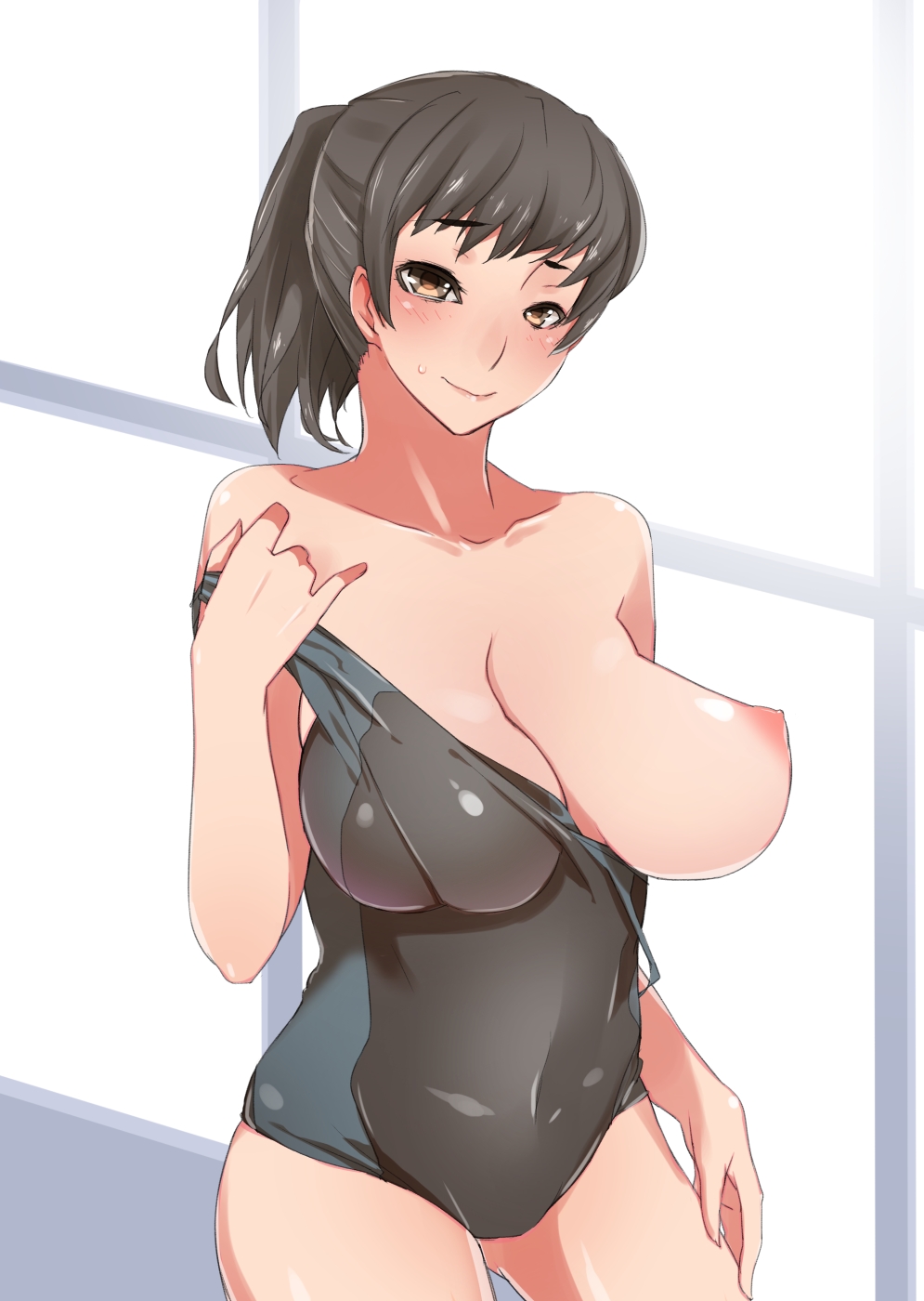 amagami bare_shoulders black_hair breast_slip breasts dek highres huge_breasts nipples one-piece_swimsuit one_breast_out solo strap_slip swimsuit tsukahara_hibiki