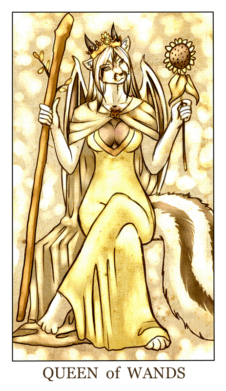 anthro black_fur breasts card cleavage cloak clothed clothing crown dragon dress female feralise flower fur hair horn hybrid lapris mammal membranous_wings mephitid minor_arcana plant queen_of_wands_(tarot) royalty skunk solo staff sunflower tarot_card white_fur white_hair wings