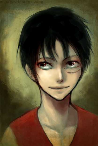 1boy black_eyes black_hair hat hat_off hat_removed headwear_removed male male_focus male_only monkey_d_luffy one_piece oranges-lemons red_vest scar smile solo vest
