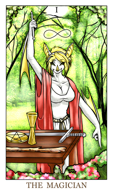 &infin; anthro bat blonde_hair blue_eyes breasts card cleavage clothed clothing cup destiny_savage female feralise flower fur hair looking_at_viewer major_arcana mammal melee_weapon pentacle plant robe solo staff sword table tarot_card the_magician_(tarot) tree wand weapon white_fur