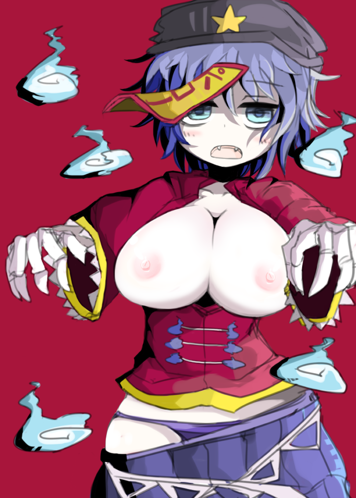 blue_eyes blue_hair breasts breasts_outside cleavage fangs hat jiangshi large_breasts miyako_yoshika nipples ofuda open_mouth outstretched_arms pale_skin panties purple_panties redrose214 skirt solo star touhou underwear zombie_pose