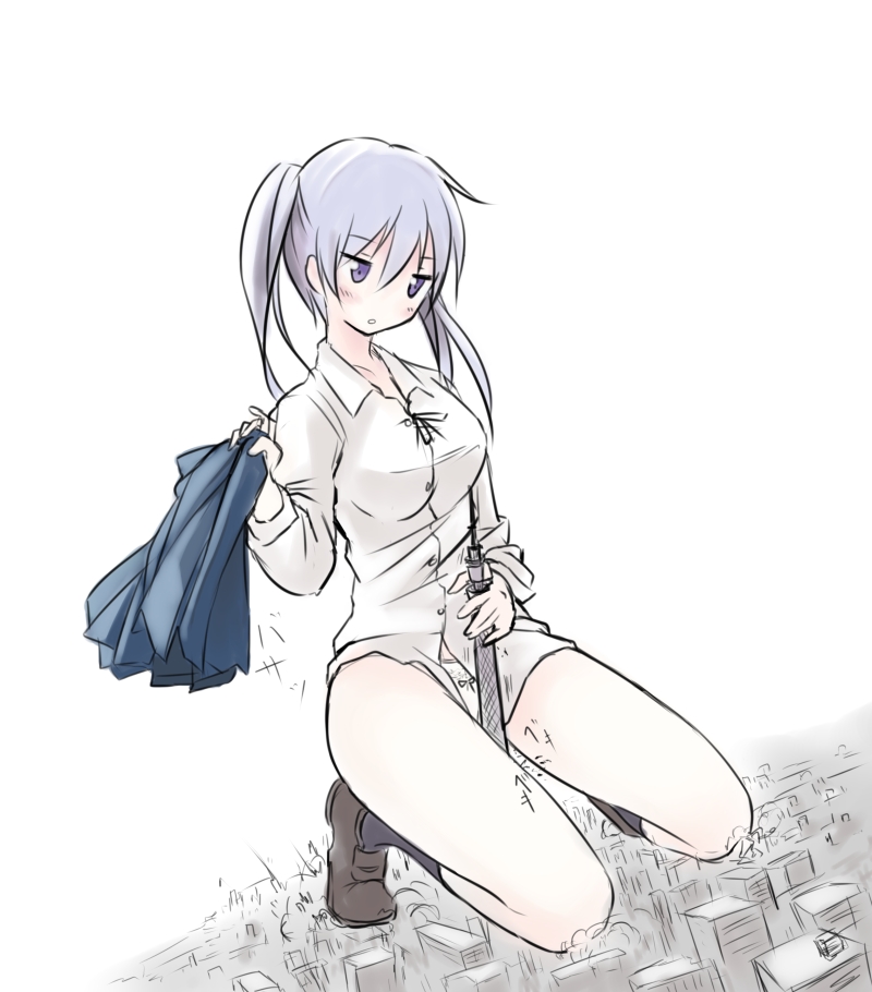 between_thighs blush city crotch_rub crush giantess hachimitsu_(gts) kneeling masturbation panties purple_eyes rubbing silver_hair thighs tokyo_sky_tree underwear undressing