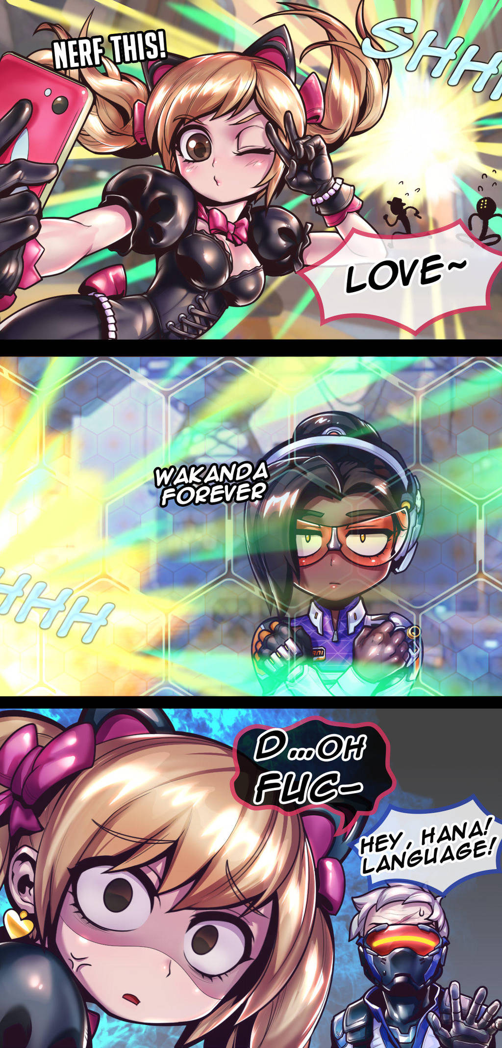 2girls 3koma ;3 alternate_costume alternate_hairstyle anger_vein animal_ears bangs black_cat_d.va black_gloves black_panther_(film) blonde_hair bow bow_choker breasts brown_eyes cat_ears cellphone chibi choker comic commentary corset crossed_arms d.va_(overwatch) dark_skin earrings empty_eyes energy_shield english english_commentary eyebrows_visible_through_hair gameplay_mechanics gloves grey_hair hair_bow hair_over_one_eye hands_up heart heart_earrings highres jewelry jitome marvel mccree_(overwatch) medium_breasts multiple_girls overwatch parody phantom_ix_row phone pose profanity puffy_short_sleeves puffy_sleeves scar scar_across_eye self_shot short_sleeves silhouette single_glove smartphone soldier:_76_(overwatch) speech_bubble swept_bangs symmetra_(overwatch) vishkar_symmetra visor zenyatta_(overwatch)