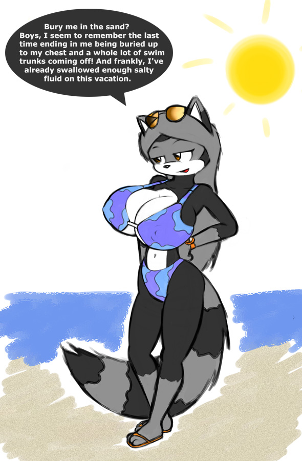 bikini breasts clothed clothing english_text eyewear female grey_hair hair huge_breasts mammal norithics raccoon sandals seaside skimpy solo sunglasses swimsuit text tight_clothing