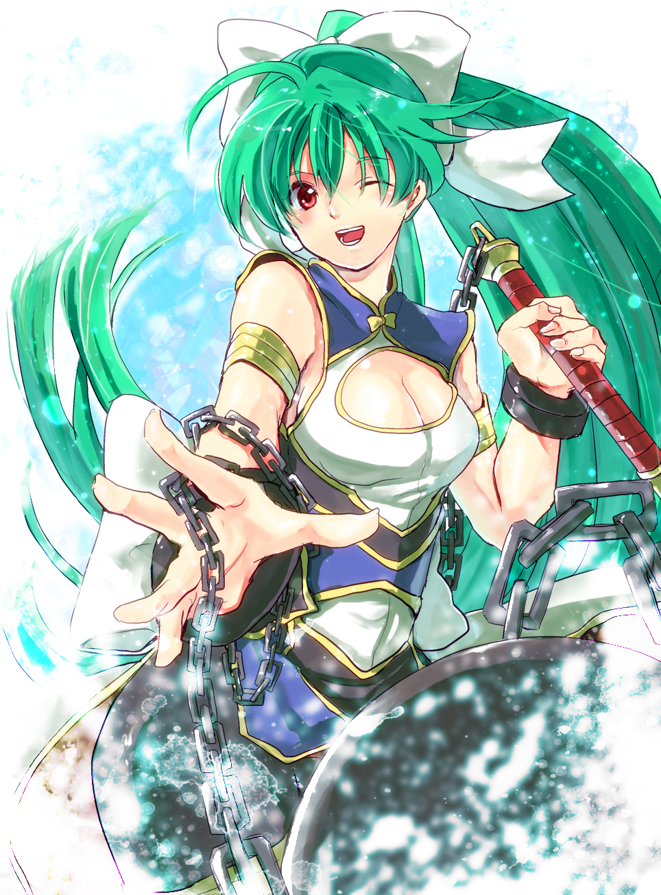 ;d ahoge armband bad_id bad_pixiv_id ball_and_chain blush bow brace bracer breasts cleavage cleavage_cutout green_hair hair_bow highres large_breasts long_hair one_eye_closed open_mouth outstretched_arm outstretched_hand pond ponytail red_eyes senri_(yabu-michi) shinrabanshou shizuku_(shinrabanshou) smile solo suirei_no_shizuku_(shinrabanshou) very_long_hair