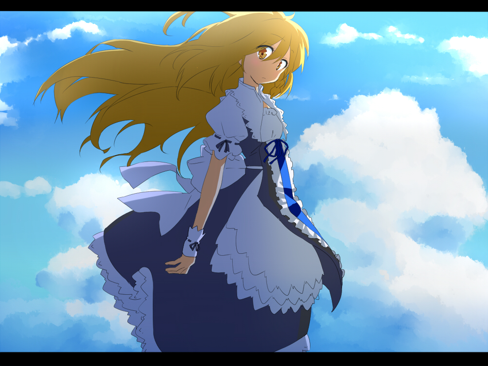 blonde_hair cloud curiosities_of_lotus_asia day dress ema20 kirisame_marisa letterboxed long_hair no_hat no_headwear sky solo touhou wind wristband yellow_eyes