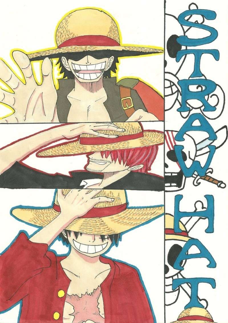 3boys black_hair facial_hair gol_d_roger hat hat_over_eyes jolly_roger male male_focus male_only monkey_d_luffy multiple_boys one_piece open_clothes open_shirt red_hair red_shirt scar shanks shirt smile straw_hat teeth text time_progression