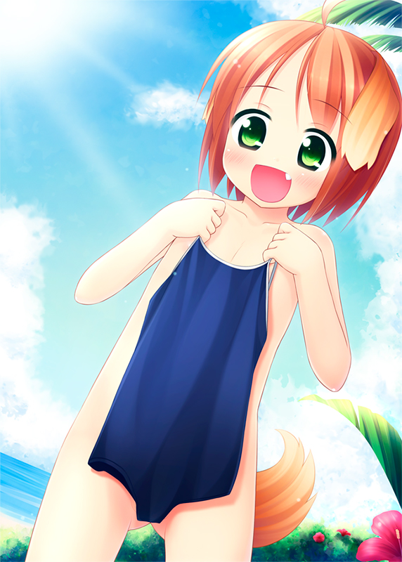 animal_ears beach blush brown_hair clothes_in_front cloud competition_school_swimsuit day dog_ears dog_tail dutch_angle fang flat_chest green_eyes inuarashi meiko_(inuarashi) nude one-piece_swimsuit original outdoors school_swimsuit short_hair sky smile solo sun swimsuit swimsuit_removed tail water
