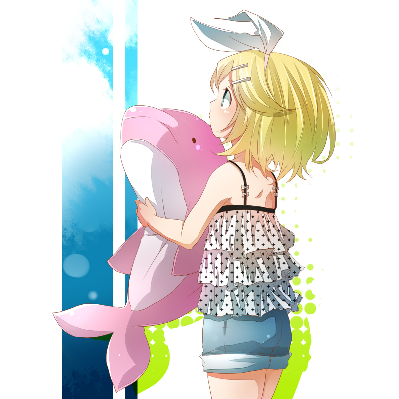 bare_arms bare_shoulders blonde_hair blue_shorts bow camisole casual cowboy_shot hair_ornament hairband hairclip holding kagamine_rin looking_away looking_up outstretched_hand ribbon short_hair shorts solo spaghetti_strap stuffed_animal stuffed_dolphin stuffed_toy tsujiori vocaloid white_ribbon